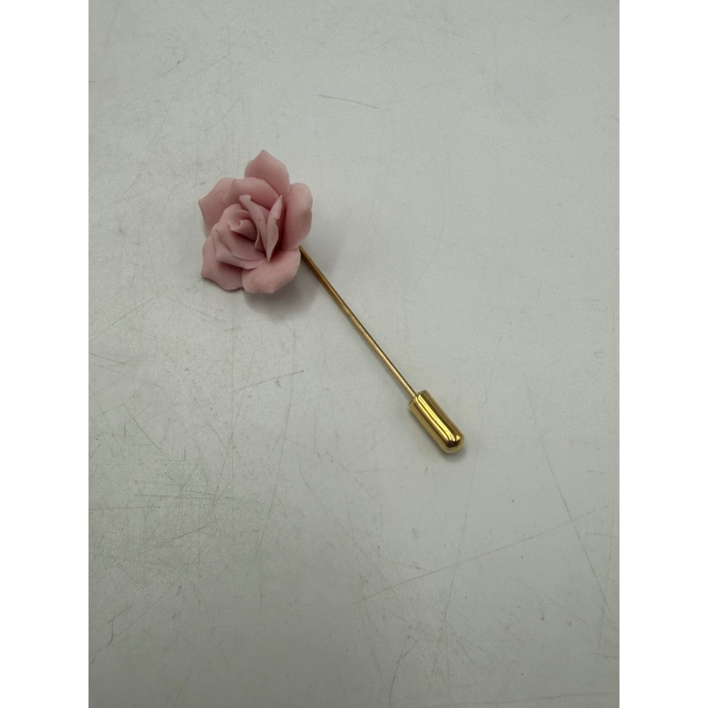 Vintage Pink Rose Stick Pin Gold Tone Floral Lapel Scarf Hat Pin Accessory